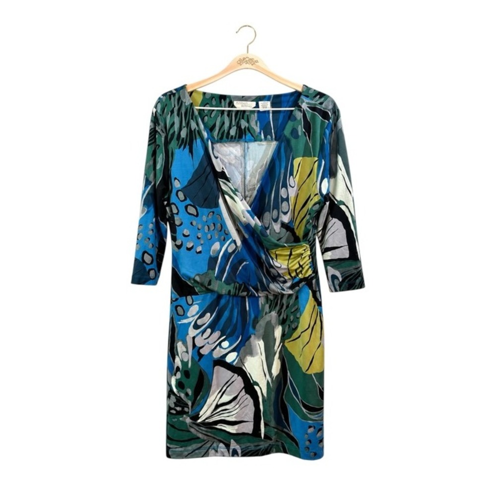 Allison Brittney Abstract Print Faux Wrap Dress Blue Green XL Stretch Career